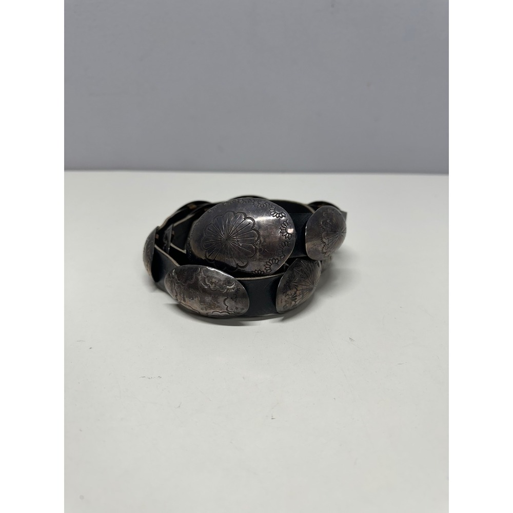 J. Wright Sterling Silver Concho Belt Vintage Southwestern Stamped Leather Black
